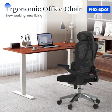 Крісло офісне ергономічне FLEXISPOT з 2D-підголівником, відкидними підлокітниками та динамічною поперековою підтримкою, з функцією гойдання 120°, для дому, офісу та робочого кабінету (чорне), 51 x 73 x 115 см