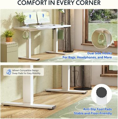 Регульований за висотою стіл FLEXISPOT 160x80 см з гачками, з суцільною стільницею 25 мм, ергономічний стіл з LED-дисплеєм висоти та функцією пам'яті (береза, білий). Структура береза+білий (160 x 80 см, білий+м'який білий)