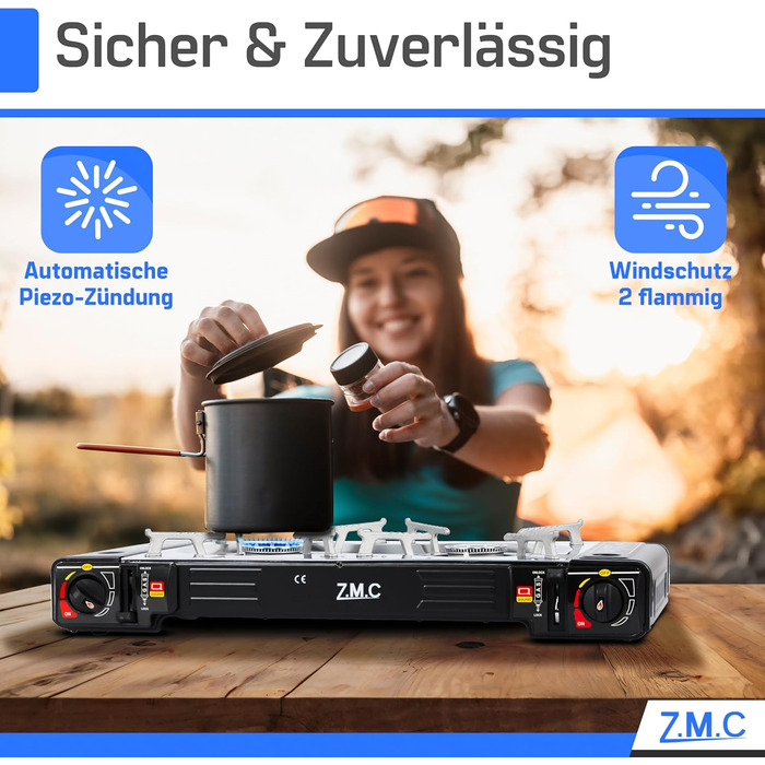 Газовий набір для кемпінгу ZMC: 2-горілкова плита, адаптер для LPG, 4 балончики 227г, кейс, 2.5kW, Piezo-запалювання, для відпочинку на природі та вдома