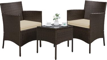 Набір садових меблів Yaheetech з поліротангу для балкона та саду: стіл та 2 крісла з подушками, коричневий