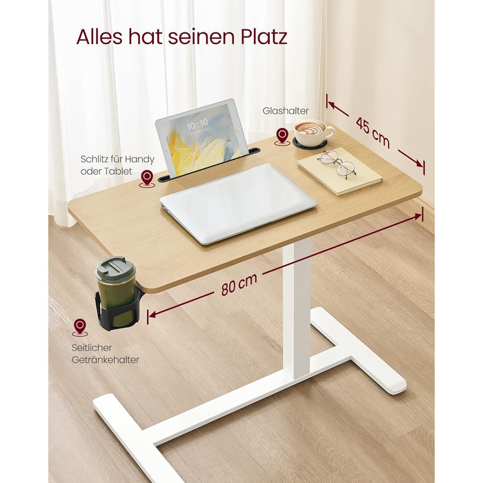 Приставний столик VASAGLE на колесах, мобільний, з великою стільницею, регульована висота, 2 тримачі для напоїв, слот для телефону/планшету, LSD600W01 (80x45 см, горіх золотистий)