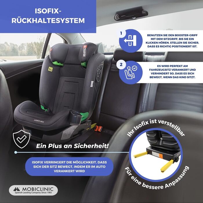 Дитяче крісло, Lionfix MAX, стандарт i-Size, ISOFIX, Клітка для пляшечки, 100-150 см, Двосторонній захист, Регульований підголівник, Європейський бренд, 3 положення регулюється, Можна прати