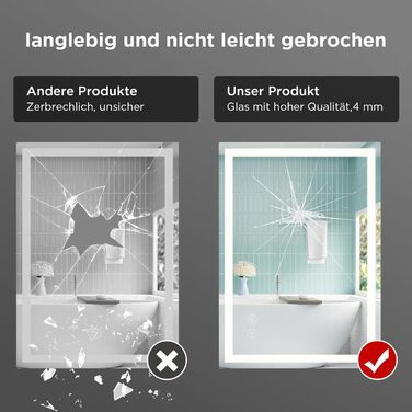 Дзеркало у ванну кімнату з підсвічуванням 50x70 см, сенсорне керування, протитуманне покриття, 3 кольори світла, регулювання яскравості, пам'ять налаштувань, матове покриття, прямокутна форма