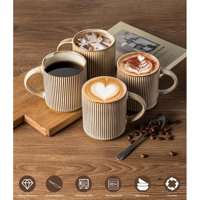 Набір посуду GBhome з каменю, 12 предметів, для 4 осіб, ручна робота, з реактивною глазур'ю, безпечний для мікрохвильової печі та посудомийної машини (Cappuccino, 6 чашок)