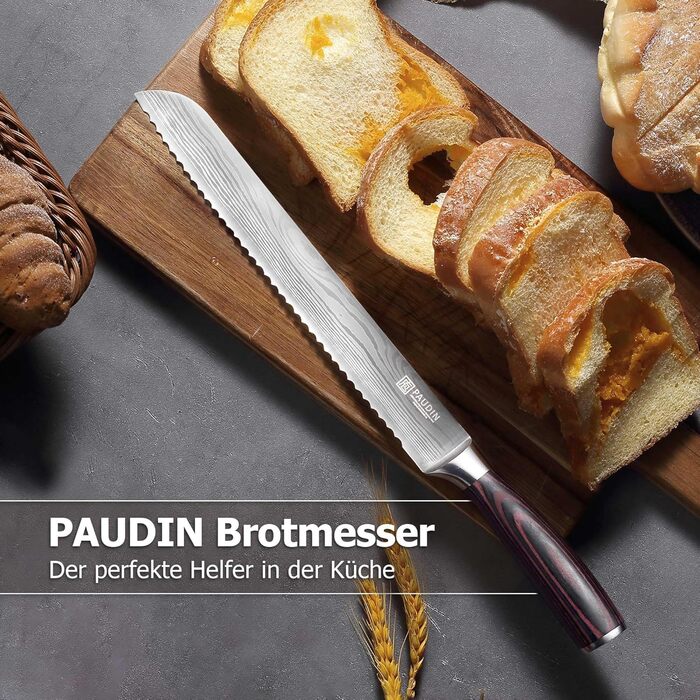 Ніж PAUDIN для м'яса, кухаря та нарізання, 20 см. Кухонний ніж із високоякісної нержавіючої сталі з ергономічною ручкою. В комплекті хлібний ніж з дерев'яною ручкою (26 см)