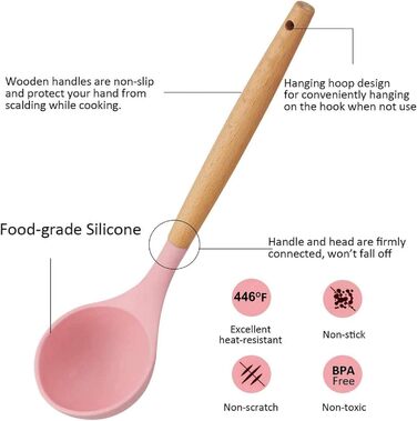 Набір кухонних аксесуарів з силікону, 28 предметів, набір лопаток з підставкою для антипригарного посуду (Рожевий)