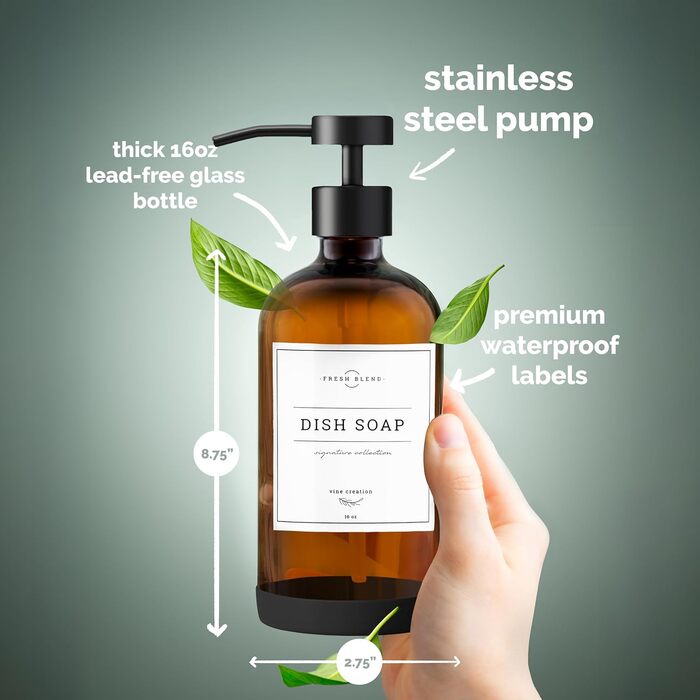 Набір дозаторів для мила на кухню та у ванну кімнату, 2 шт. з нержавіючою сталею, скляні флакони 475 мл, з водонепроникними етикетками