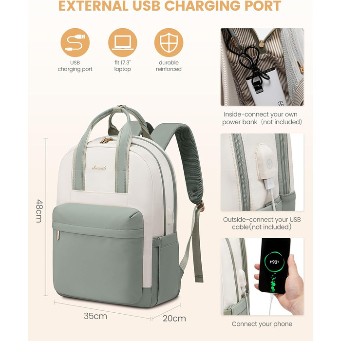 Сумка-рюкзак LOVEVOOK для жінок, з відділенням для ноутбука, водонепроникна, для подорожей, роботи, навчання, світло-зелена/бежева (17,3 дюйми)