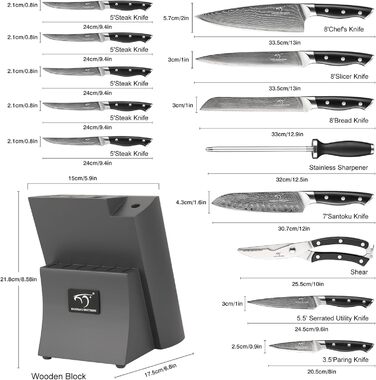 Набір кухонних ножів Дамаск з дерев'яним блоком, професійний кухонний набір ножів VG10, 67 шарів, преміум якість (сірий)