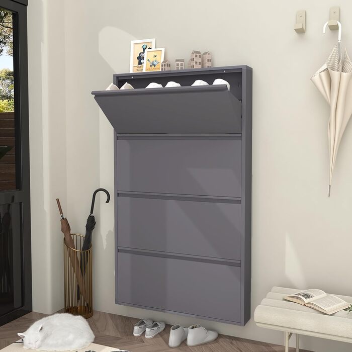 Чорний настінний органайзер для взуття GREATMEET з 4 висувними ящиками, вузький, для передпокою