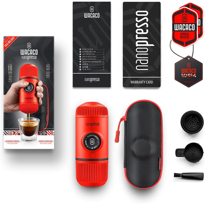 WACACO Nanopresso: портативна кавомашина для еспресо, ручна, з кейсом, 80 мл, Lava Red