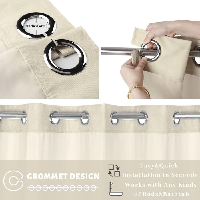 Тканинна шторка для душу з магнітними кріпленнями Snap Liner, 180x200 см (світло-бежева)