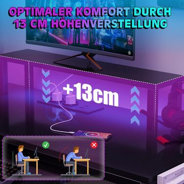 Ігровий стіл Flamaker L-подібний 140x140 см з RGB LED, підставка для монітора та полиця | 2 розетки + 2 USB-порти (вуглецеве волокно, чорний матовий)