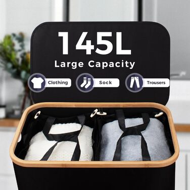 Кошик для білизни Rieeyrslza з кришкою 158 л з бамбука з 2 знімними мішками для білизни, Oxford, складний, для сортування, багатофункціональний, для ковдр та одягу (сірий) (чорний 145л)