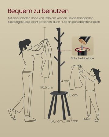 Стійка для одягу VASAGLE з 8 гачками та полицею, 170,5 см, чорний колір, RCR033B01