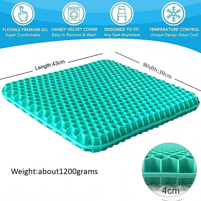 Ортопедична гелева подушка на стілець для офісу, авто та інвалідних візків, м'яка з антиковзаючим чохлом (Зелений, 43x39x4 см)