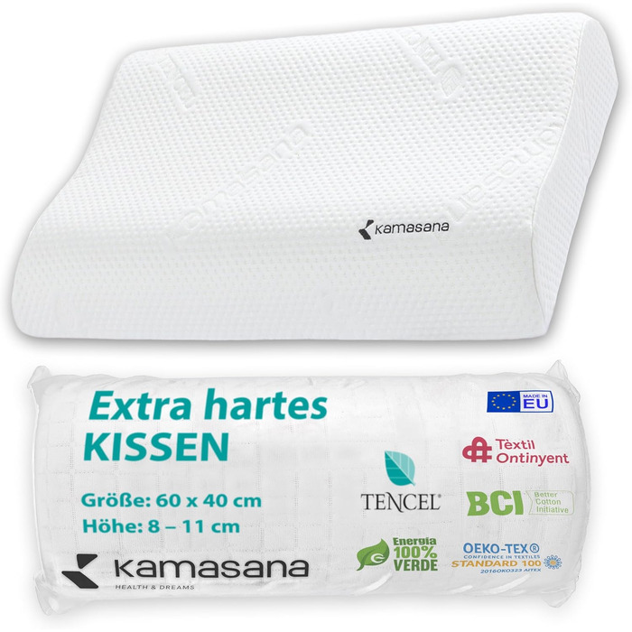 Ортопедична подушка KAMASANA для сну на боці з натурального ліоцелю, 60x40 см. Memory Foam, анатомічна, дуже жорстка