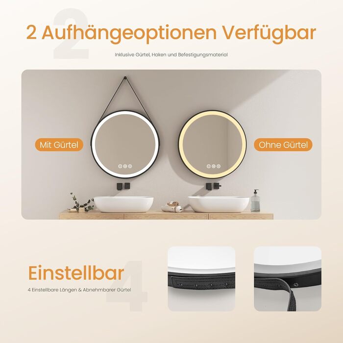 Круглий дзеркало для ванної кімнати EMKE з підсвічуванням 50 см, 3 кольори, регулювання яскравості, антизапар, пам'ять, сенсорне управління, таймер 3 години, енергозберігаючий