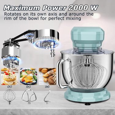 Кухонна машина Cheflee 2000W: потужна планетарна міксер для тіста та збивання, 6 швидкостей, 7.2 л чаша з нержавіючої сталі, гак для тіста та вінчик, захист від бризок (блакитна)