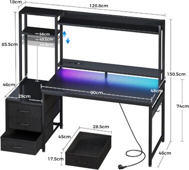 Ігровий стіл Coleshome з полицею та шухлядами, 137x48 см. Стіл для геймінгу з LED-підсвічуванням та розеткою, комп'ютерний стіл з місцями для зберігання та підставкою для монітора.