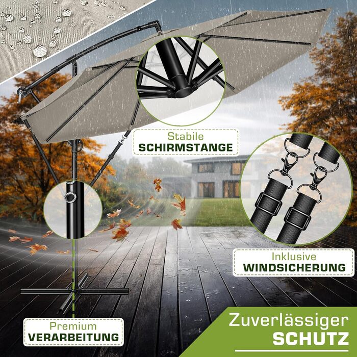 Садова парасолька-ампел Tillvex з алюмінієвим стержнем та чохлом, 350 см, Taupe — поворотна на 360° з рукою-кurbel, захистом від UV та вітру, водонепроникна