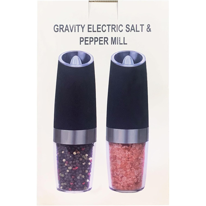 Електричний набір для солі та перцю, автоматичний гравітаційний електричний млин для перцю, млин для солі зі світлодіодним підсвічуванням, регульована крупність, управління однією рукою, чорний