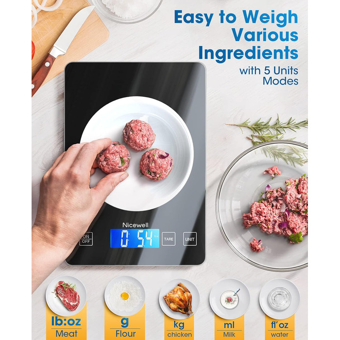 Кухонні ваги Nicewell Digital 10 кг, з точністю 1 г, для приготування їжі та випічки, скляна платформа