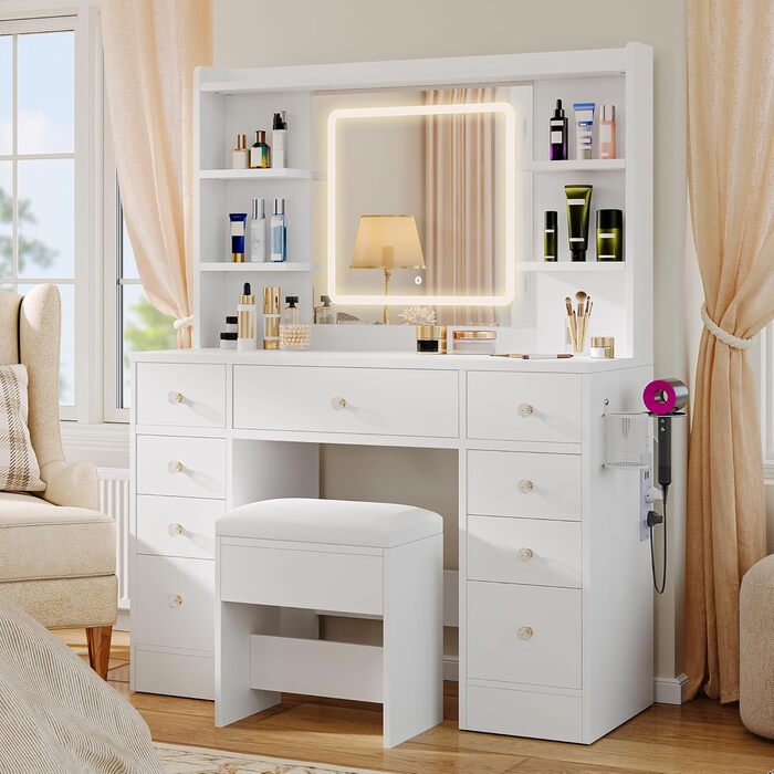 Туалетний столик YITAHOME з підсвічуванням та дзеркалом, з пуфом, 4 шухляди, відкриті полиці, чорний (білий, 9 шухляд)