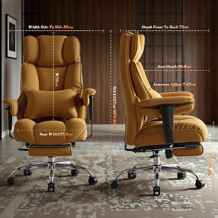 Ергономічний офісний крісло Efomao XXL до 200 кг, жовтий: з підставкою для ніг, висока спинка, товста м'яка оббивка для дому та офісу