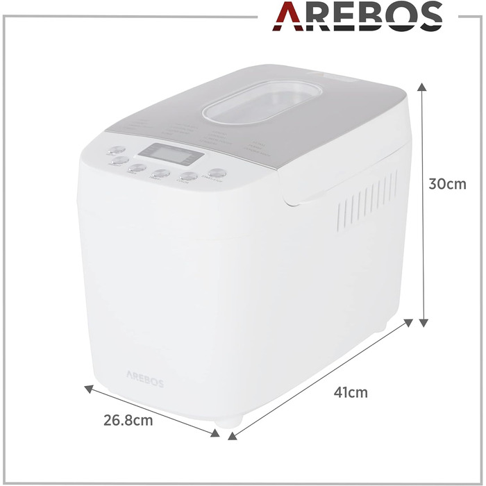 Хлібопічка Arebos 1500г з 15 програмами 2 гачки для тіста Таймер РК-дисплей 3 ступені підрум'янювання та розміри хліба 850 Вт Білий