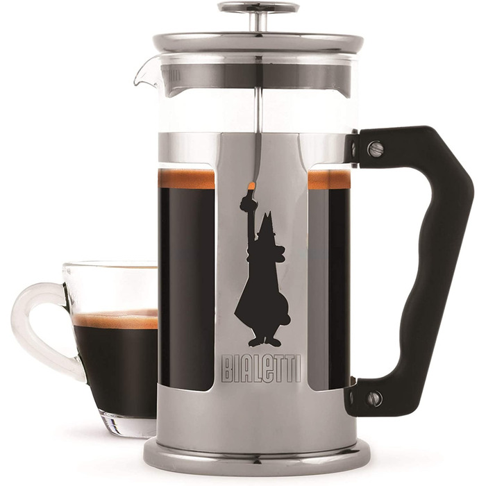 Прес для кави Bialetti Preziosa, фільтр для френч-преса для кави або чаю, корпус з нержавіючої сталі і ємність з боросилікатного скла, можна мити в посудомийній машині, 1 літр, 8 чашок (350 мл(3 чашки))