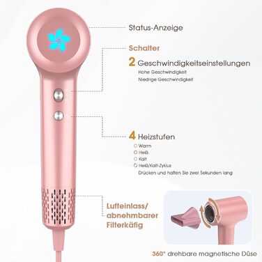 Професійний фен для волосся з дифузором та плазмою (400 млн іонів), безщітковий мотор 110 000 об/хв, низький рівень шуму 57дБ, Rose Gold