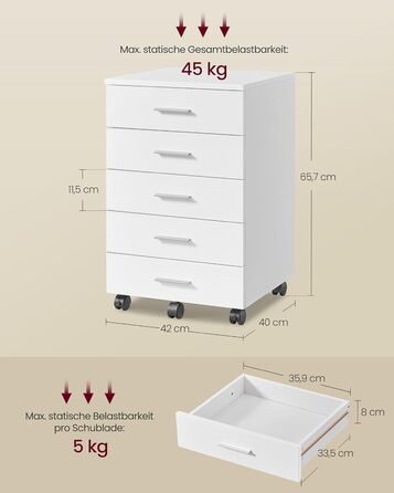 Роликовий контейнер VASAGLE з 5 висувними ящиками, мобільний офісний шафчик, для дому та офісу, білий, OFC081W01