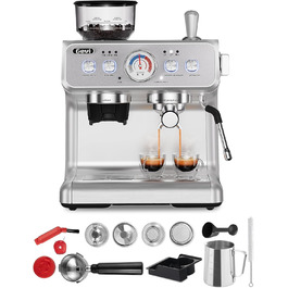 Gevi 2025 Upgrade: Професійна кавомашина еспресо з вбудованою кавомолкою, Dual Boiler, 20 Bar, 2.8л бак, нержавіюча сталь, срібна