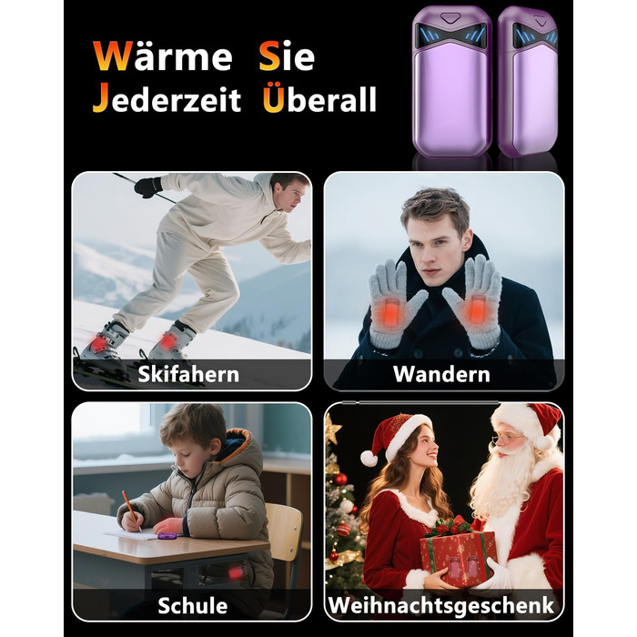 Електричні грілки для рук DDKJ 2 шт., 7000mAh, з магнітом, 3 режими нагріву до 55°C, для дітей, чоловіків, жінок, фіолетові