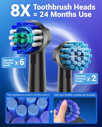 Електрична зубна щітка ротаційного типу для дорослих та дітей з 8 насадок, зарядний станція з кріпленням на стіну, 5 режимів чищення та дорожній футляр, 60 днів роботи від акумулятора, чорний