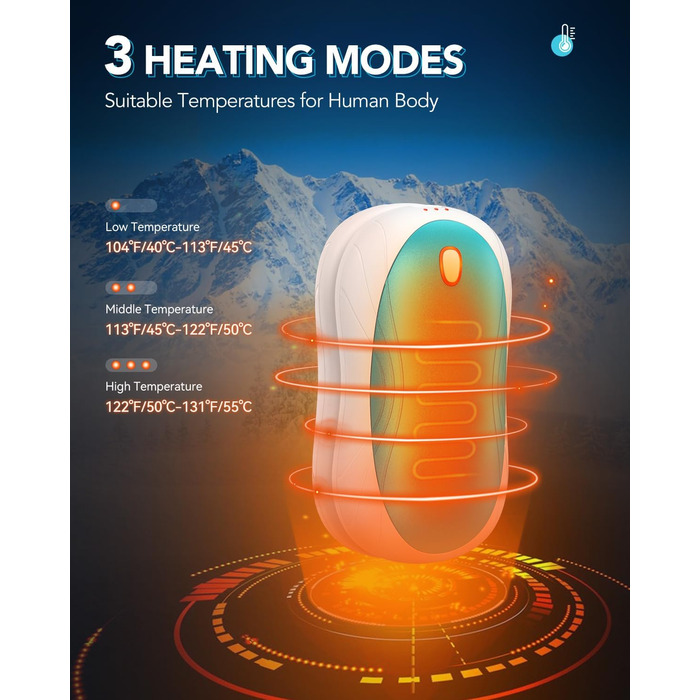 Електричні грілки для рук Cnkeeo, 2 шт. з роздільним магнітним з'єднанням, Powerbank USB, 3 режими нагріву, для спорту, риболовлі, полювання, чорно-білі (блакитно-білі)