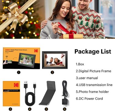 Цифровий фоторамка Kodak 10.1 дюймів з Wi-Fi, HD IPS-сенсорний екран, 32 ГБ пам'яті, автоматичне обертання зображень, можливість ділитися фото та відео через додаток, чорний