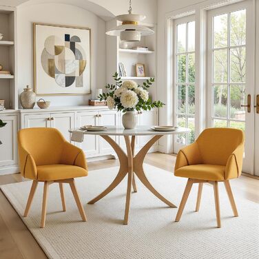 Обідальні стільці Bekrvio (2 шт) з обертанням та підлокітниками – 360° для їдальні, стільці до обіднього столу, обертаються, з м'яким сидінням, з дерев'яними ніжками з масиву бука, жовті, з тканини льон