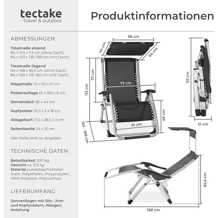 Шезлонг Tectake® розкладний з сонцезахисним дахом, для балкону та саду, місткість до 200 кг, сірий (1 шт.)