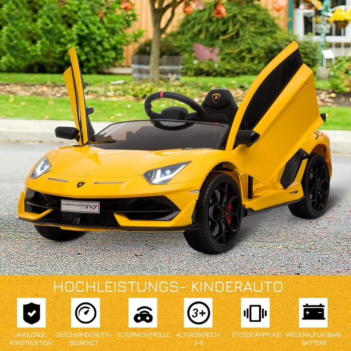 Електромобіль для дітей HOMCOM Lamborghini SVJ, ліцензія, 12V, металевий, жовтий, з дистанційним керуванням, музика, USB, для дітей 3-8 років