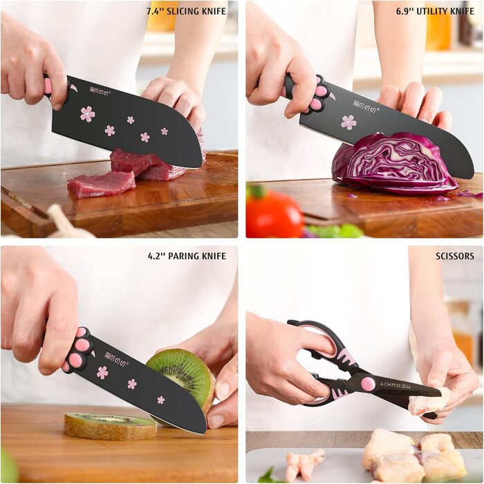 Набір кухонних ножів MeowKit 5 предметів з нержавіючої сталі, милий набір ножів з знімним блоком та ножицями, котяча форма, чорний, рожевий, рожевий