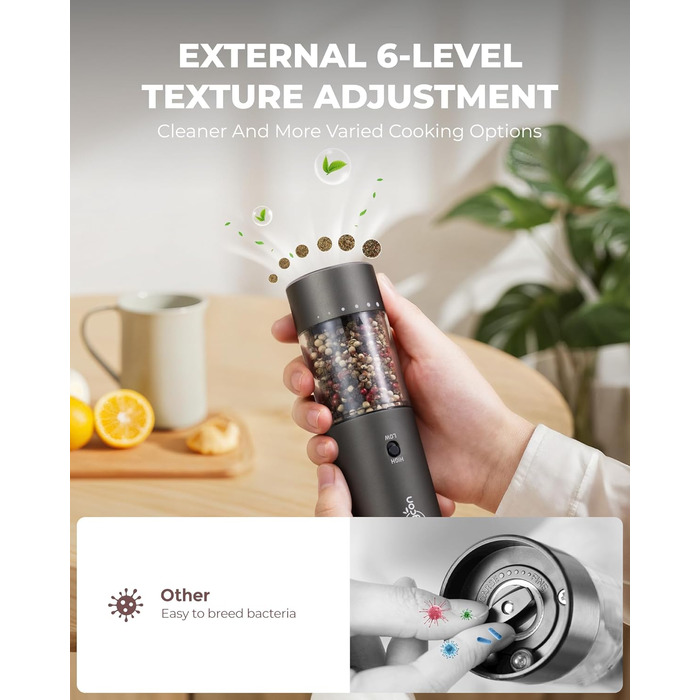 Електричні млини для солі та перцю Sangcon, 2 швидкості, перезаряджувані, 6 ступенів помелу, автоматичний набір з док-станцією, для зручного використання, сірий + чорний