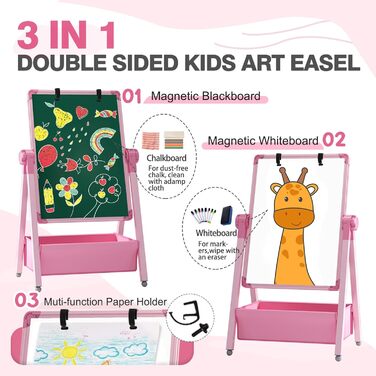 Дитяча мольберт Kinderstaffelei: двосторонній, сталевий, регульований, 360° обертання, дошка для малювання, крейда та маркери для хлопчиків та дівчаток