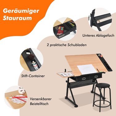 Стол для малювання RELAX4LIFE з регулюванням висоти та нахилу, з ящиками та пуфом, 110 x 69,2 x 73,5-98 см, професійний стіл для художника з двома столешницями, дерев'яний