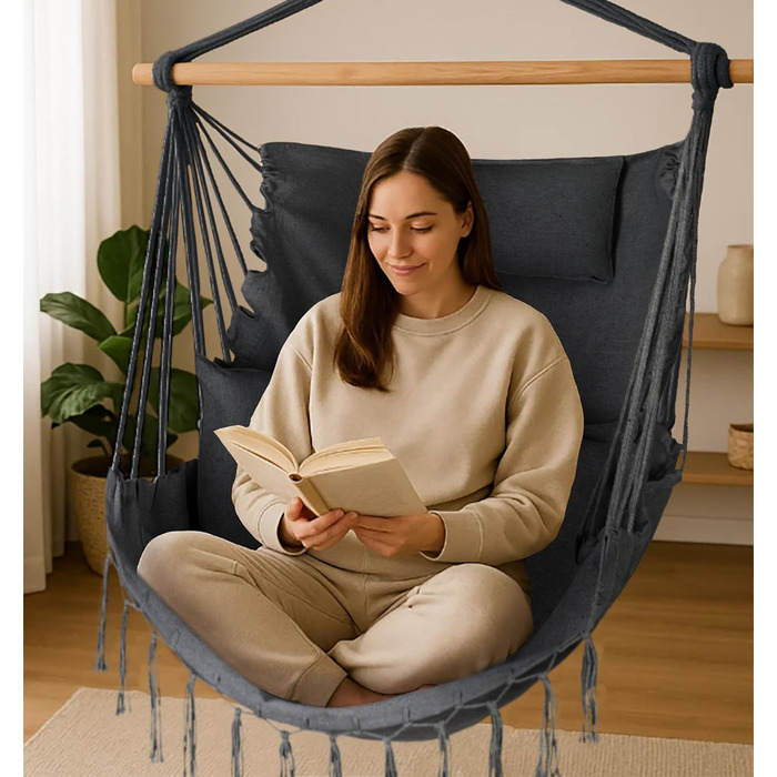 Підвісне крісло-гойдалка з подушкою 100x130x75 см, до 150 кг, для саду та дому, графітовий колір