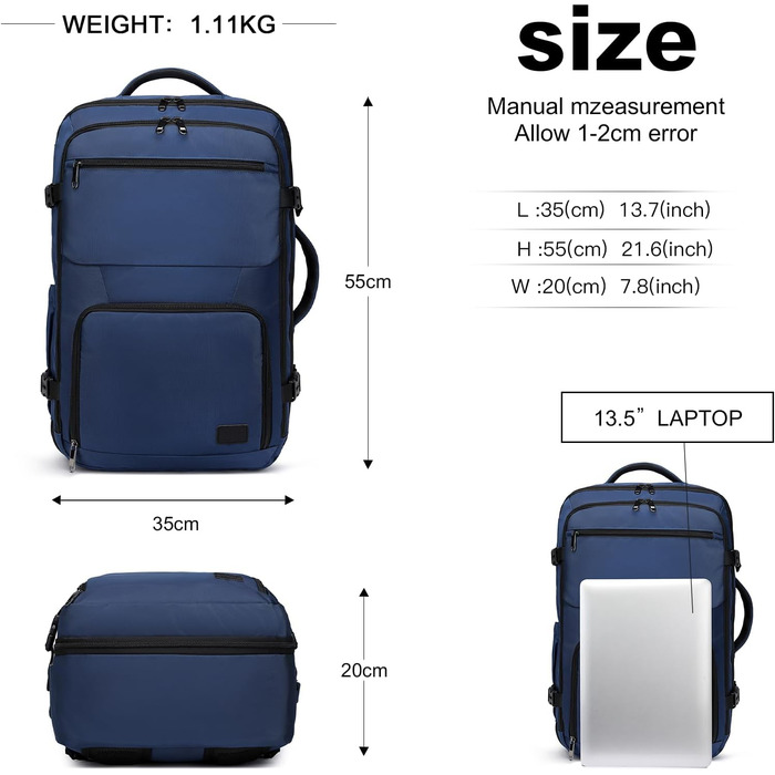 Рюкзак KONO для ручної поклажі в літак, великий, водонепроникний, 55 x 35 x 20 см, 38L (Navy)