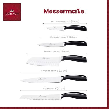 Набір кухонних ножів Gerlach 1760: 5 ножів (Santoku, для хліба, кухонні, для овочів) з нержавіючої сталі, антиковзна ручка, 55-56 HRC, Loft