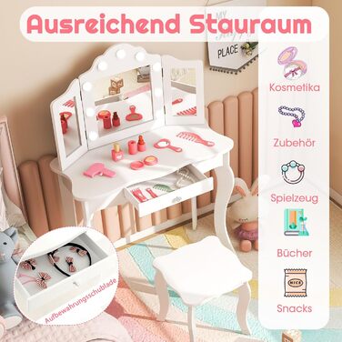 Дитячий столик для макіяжу 2 в 1 з підсвіткою та дзеркалом, COSTWAY, для дівчаток (білий)