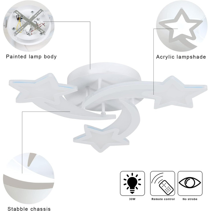 Світлодіодний стельовий світильник з регулюванням яскравості, дизайн 30 Вт Star Design, пульт дистанційного керування, 3000k-6500k, білий, для дітей/спальні